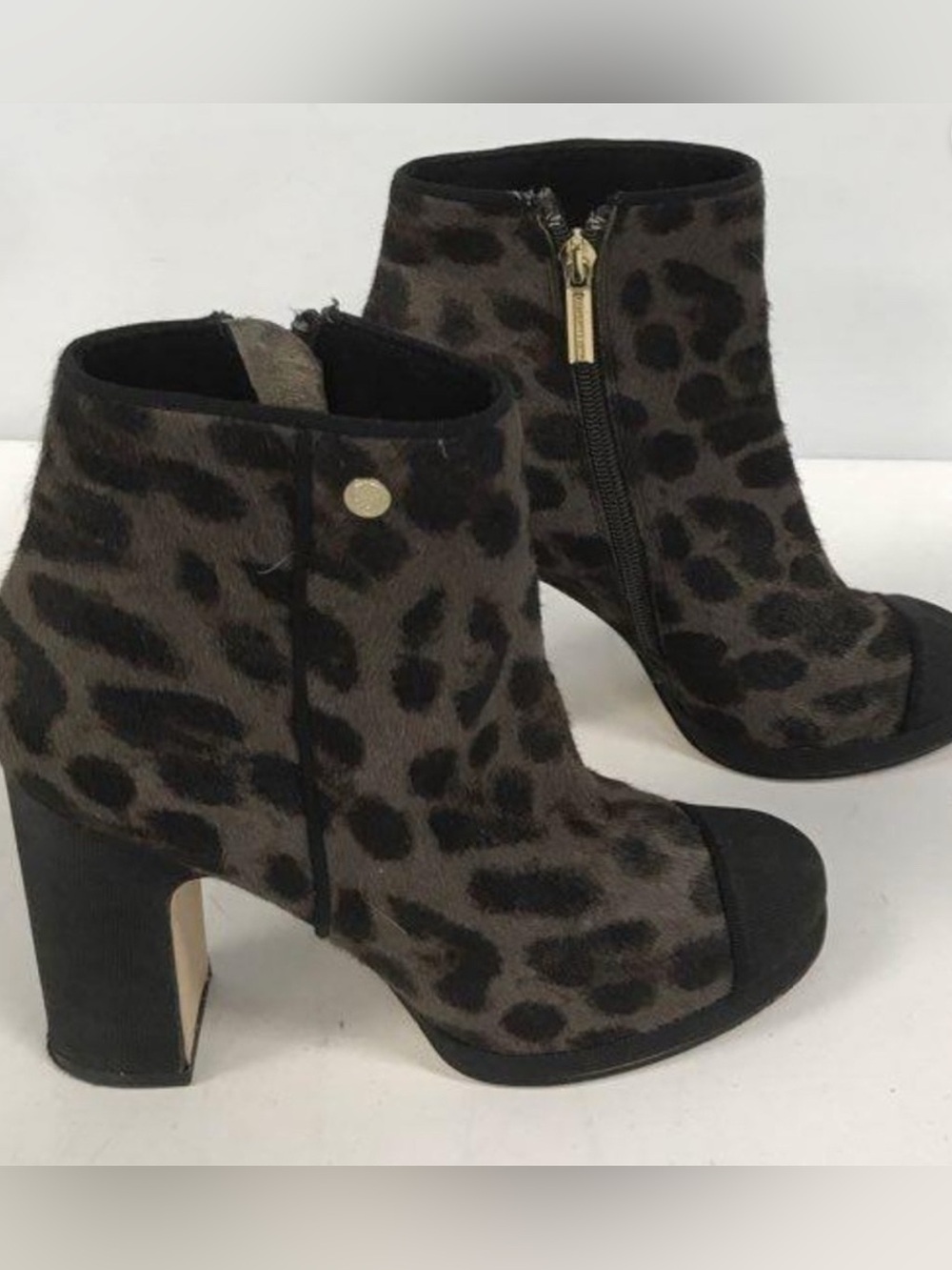 Karl Lagerfeld Brown and Black Leopard Print Peep-Toe Ankle Boots